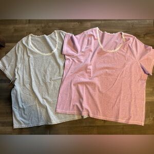 2 Denim & Co Short Sleeve Shirts Round Neck Lace Women 2XL Gray Purple/Pink Heat